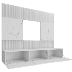 Garnero Arredamenti Parete Attrezzata Sospesa|Pareti Attrezzate-Parete attrezzata sospesa 220x150h cm con colonna bianco cannettato effetto marmo Ilaria Bianco Opaco