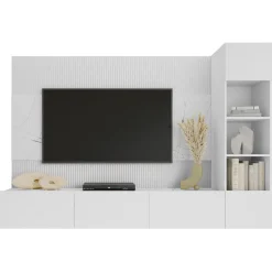 Garnero Arredamenti Parete Attrezzata Sospesa|Pareti Attrezzate-Parete attrezzata sospesa 220x150h cm con colonna bianco cannettato effetto marmo Ilaria Bianco Opaco