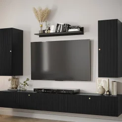 Garnero Arredamenti Parete Attrezzata Sospesa|Pareti Attrezzate-Parete attrezzata sospesa 250x165h cm nero Kiruna 3 Nero Opaco