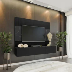 Garnero Arredamenti Parete Attrezzata Sospesa|Pareti Attrezzate-Parete attrezzata sospesa 180x150h cm 3 ante nero cannettato effetto marmo Ilaria Nero Opaco