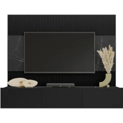 Garnero Arredamenti Parete Attrezzata Sospesa|Pareti Attrezzate-Parete attrezzata sospesa 180x150h cm 3 ante nero cannettato effetto marmo Ilaria Nero Opaco