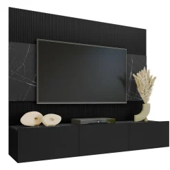 Garnero Arredamenti Parete Attrezzata Sospesa|Pareti Attrezzate-Parete attrezzata sospesa 180x150h cm 3 ante nero cannettato effetto marmo Ilaria Nero Opaco