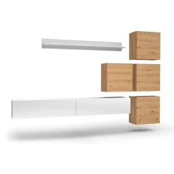 Garnero Arredamenti Parete Attrezzata Sospesa|Pareti Attrezzate-Parete attrezzata sospesa 300x210h cm bianco lucido rovere Tempus Bianco Lucido - Rovere