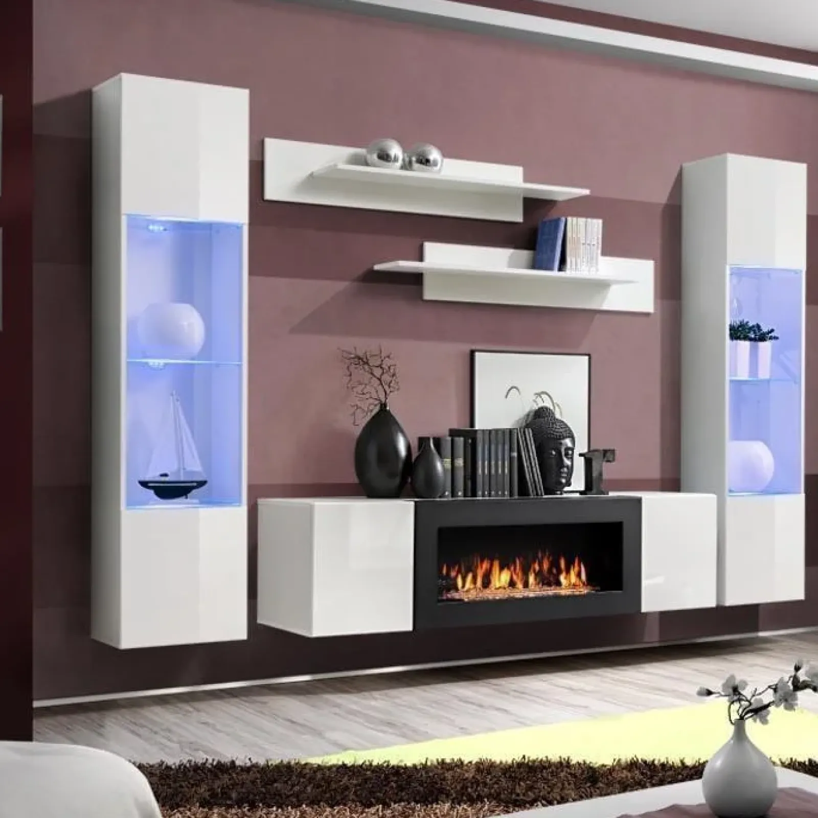 Garnero Arredamenti Camino Bioetanolo|Parete Attrezzata Con Camino-Parete attrezzata sospesa 260x170h cm con biocamino e vetrine bianco M Gihome® Bianco Lucido