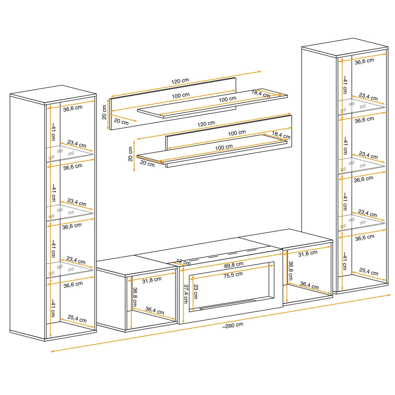 Garnero Arredamenti Camino Bioetanolo|Parete Attrezzata Con Camino-Parete attrezzata sospesa 260x170h cm con biocamino e vetrine bianco M Gihome® Bianco Lucido