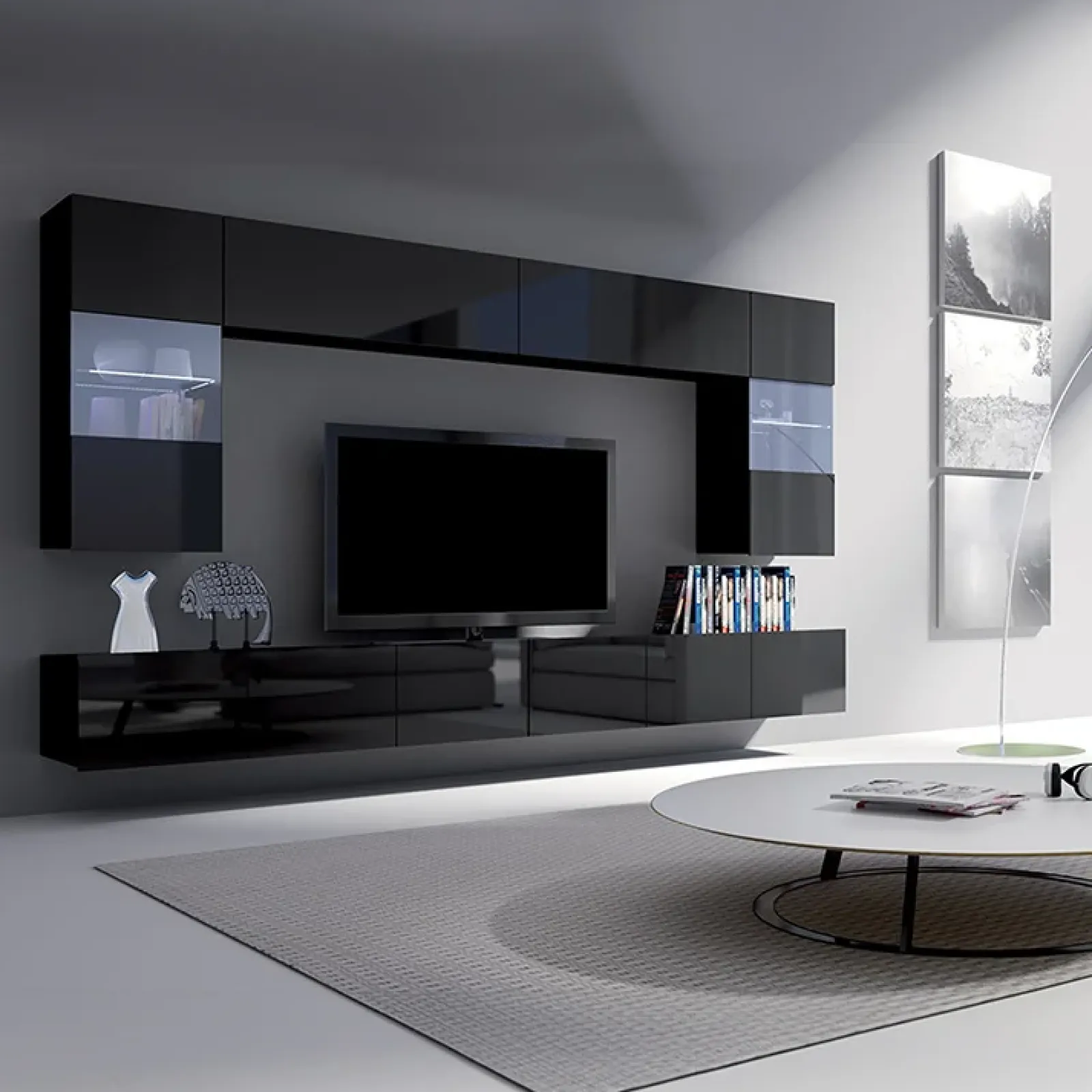 Garnero Arredamenti Parete Attrezzata Sospesa|Pareti Attrezzate-Parete attrezzata sospesa 300x185h cm porta tv con vetrine Mons Nero Lucido