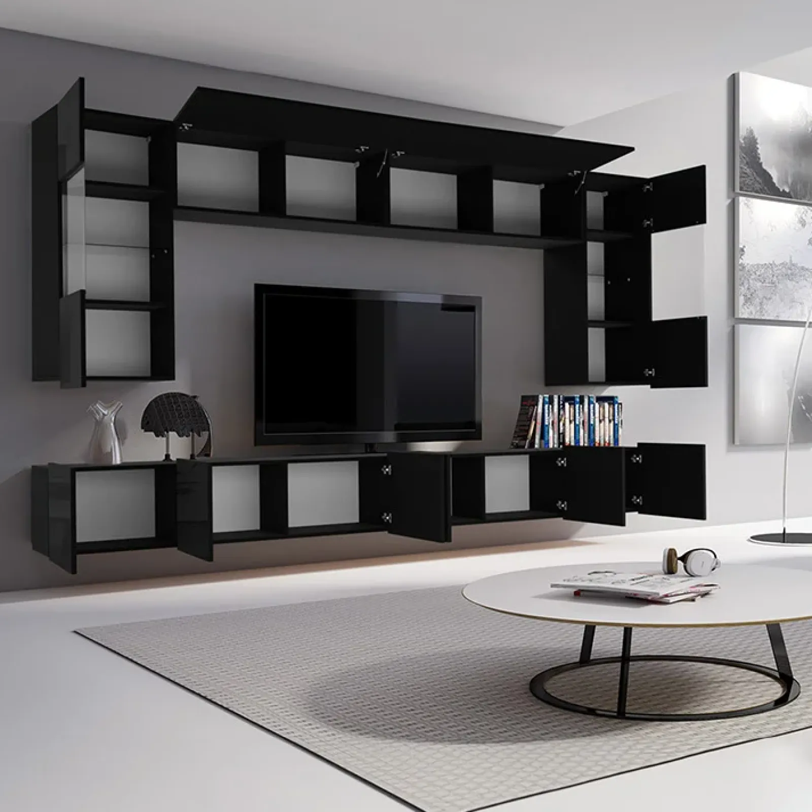 Garnero Arredamenti Parete Attrezzata Sospesa|Pareti Attrezzate-Parete attrezzata sospesa 300x185h cm porta tv con vetrine Mons Nero Lucido