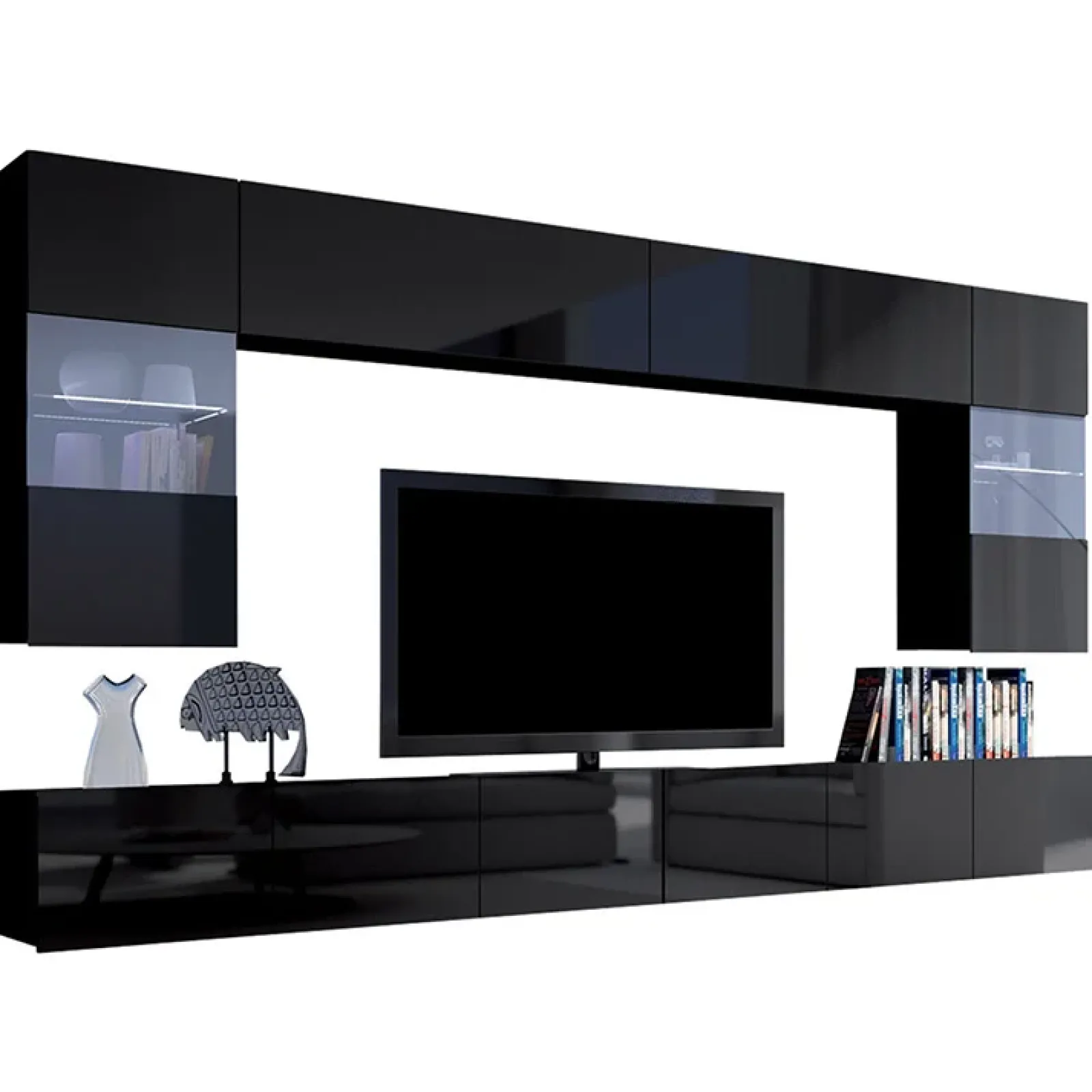 Garnero Arredamenti Parete Attrezzata Sospesa|Pareti Attrezzate-Parete attrezzata sospesa 300x185h cm porta tv con vetrine Mons Nero Lucido