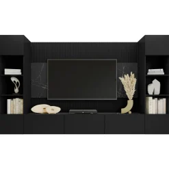 Garnero Arredamenti Parete Attrezzata Sospesa|Pareti Attrezzate-Parete attrezzata sospesa 260x150h cm con colonne nero cannettato effetto marmo Ilaria Nero Opaco