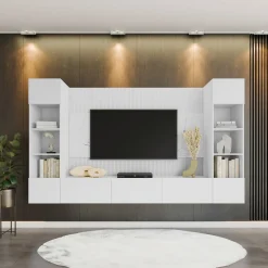 Garnero Arredamenti Parete Attrezzata Sospesa|Pareti Attrezzate-Parete attrezzata sospesa 260x150h cm con colonne bianco cannettato effetto marmo Ilaria Bianco Opaco