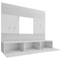 Garnero Arredamenti Parete Attrezzata Sospesa|Pareti Attrezzate-Parete attrezzata sospesa 260x150h cm con colonne bianco cannettato effetto marmo Ilaria Bianco Opaco