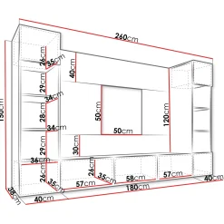 Garnero Arredamenti Parete Attrezzata Sospesa|Pareti Attrezzate-Parete attrezzata sospesa 260x150h cm con colonne bianco cannettato effetto marmo Ilaria Bianco Opaco