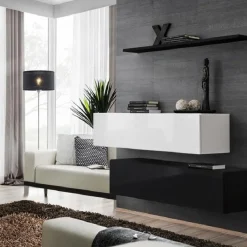 Garnero Arredamenti Parete Attrezzata Sospesa|Pareti Attrezzate-Parete attrezzata sospesa 130x110h cm moderna bianco nero Geo 19 Nero Opaco - Bianco Lucido