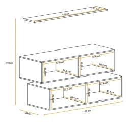 Garnero Arredamenti Parete Attrezzata Sospesa|Pareti Attrezzate-Parete attrezzata sospesa 130x110h cm moderna bianco nero Geo 19 Nero Opaco - Bianco Lucido
