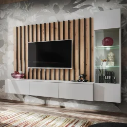 Garnero Arredamenti Parete Attrezzata Sospesa|Pareti Attrezzate-Parete attrezzata sospesa 220x148h cm nero rovere grigio perla Violina