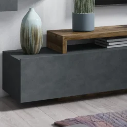 Garnero Arredamenti Parete Attrezzata A Terra|Pareti Attrezzate-Parete attrezzata 219x 205h cm soggiorno antracite spatolato noce Megan Gihome® Noce - Antracite