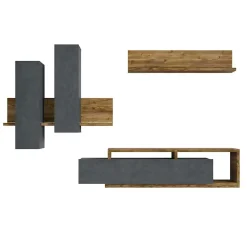 Garnero Arredamenti Parete Attrezzata A Terra|Pareti Attrezzate-Parete attrezzata 219x 205h cm soggiorno antracite spatolato noce Megan Gihome® Noce - Antracite