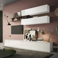 Garnero Arredamenti Parete Attrezzata A Terra|Pareti Attrezzate-Parete attrezzata 276x190cm bianco lucido rovere scuro Sunset 21 Noce - Bianco Lucido