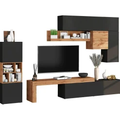 Garnero Arredamenti Parete Attrezzata A Terra|Pareti Attrezzate-Parete attrezzata 350x200h cm antracite rovere Block 1 Antracite - Rovere