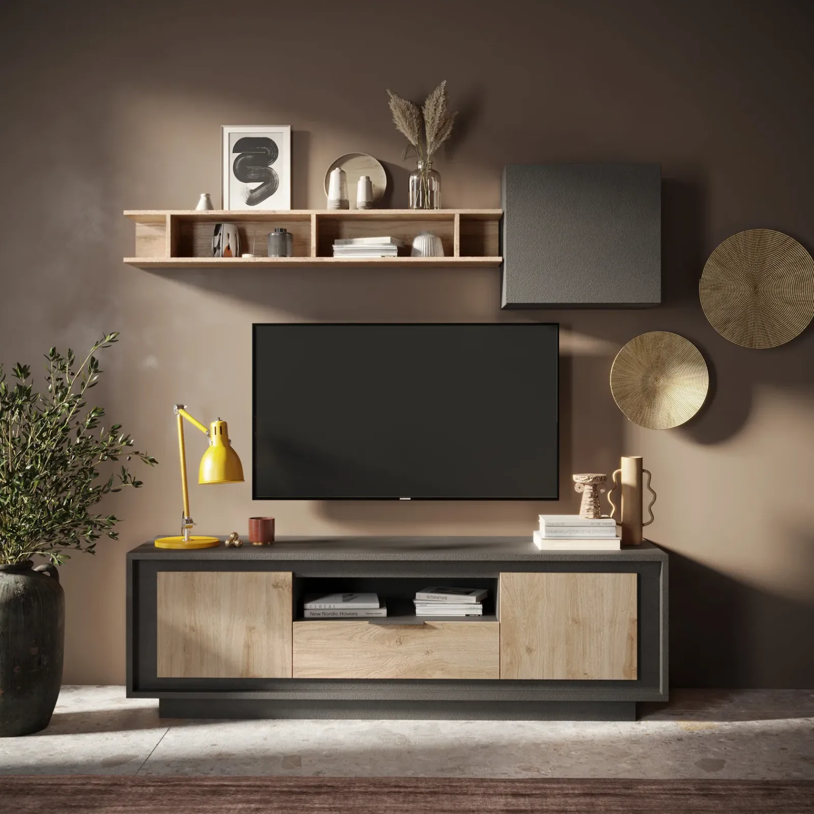 Garnero Arredamenti Parete Attrezzata A Terra|Pareti Attrezzate-Parete attrezzata 180x200h cm antracite rovere chiaro Deluxe Antracite - Rovere