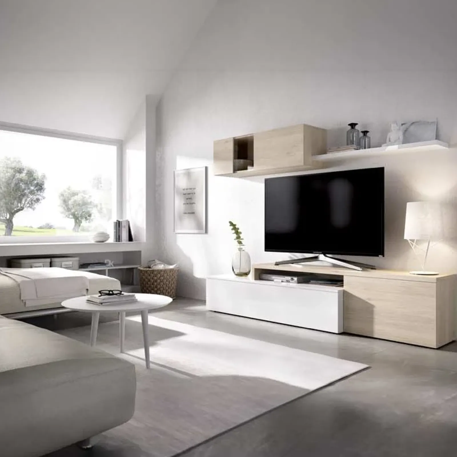 Garnero Arredamenti Parete Attrezzata A Terra|Parete Attrezzata Angolare-Parete attrezzata 201x143h cm angolare rovere bianco Sahara Gihome®