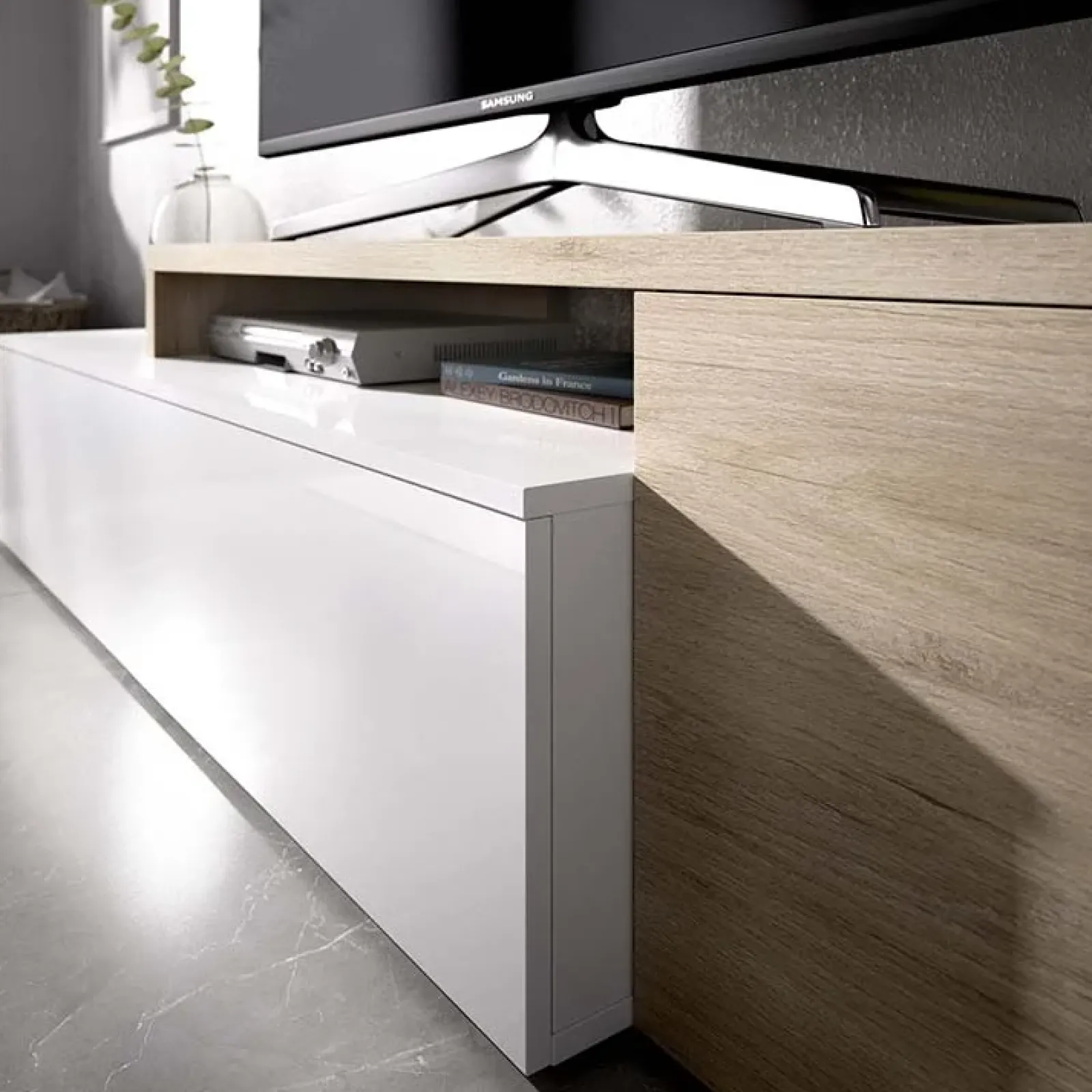 Garnero Arredamenti Parete Attrezzata A Terra|Parete Attrezzata Angolare-Parete attrezzata 201x143h cm angolare rovere bianco Sahara Gihome®