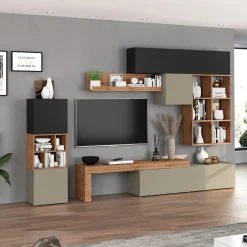 Garnero Arredamenti Parete Attrezzata A Terra|Pareti Attrezzate-Parete attrezzata 350x200h cm antracite tortora rovere Block 3 Tortora - Antracite