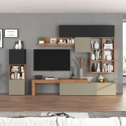 Garnero Arredamenti Parete Attrezzata A Terra|Pareti Attrezzate-Parete attrezzata 350x200h cm antracite tortora rovere Block 3 Tortora - Antracite