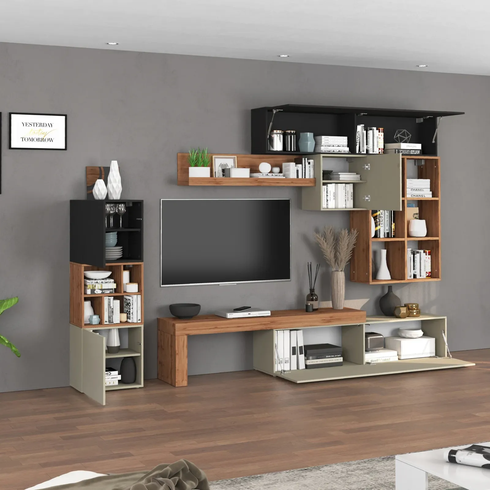 Garnero Arredamenti Parete Attrezzata A Terra|Pareti Attrezzate-Parete attrezzata 350x200h cm antracite tortora rovere Block 3 Tortora - Antracite