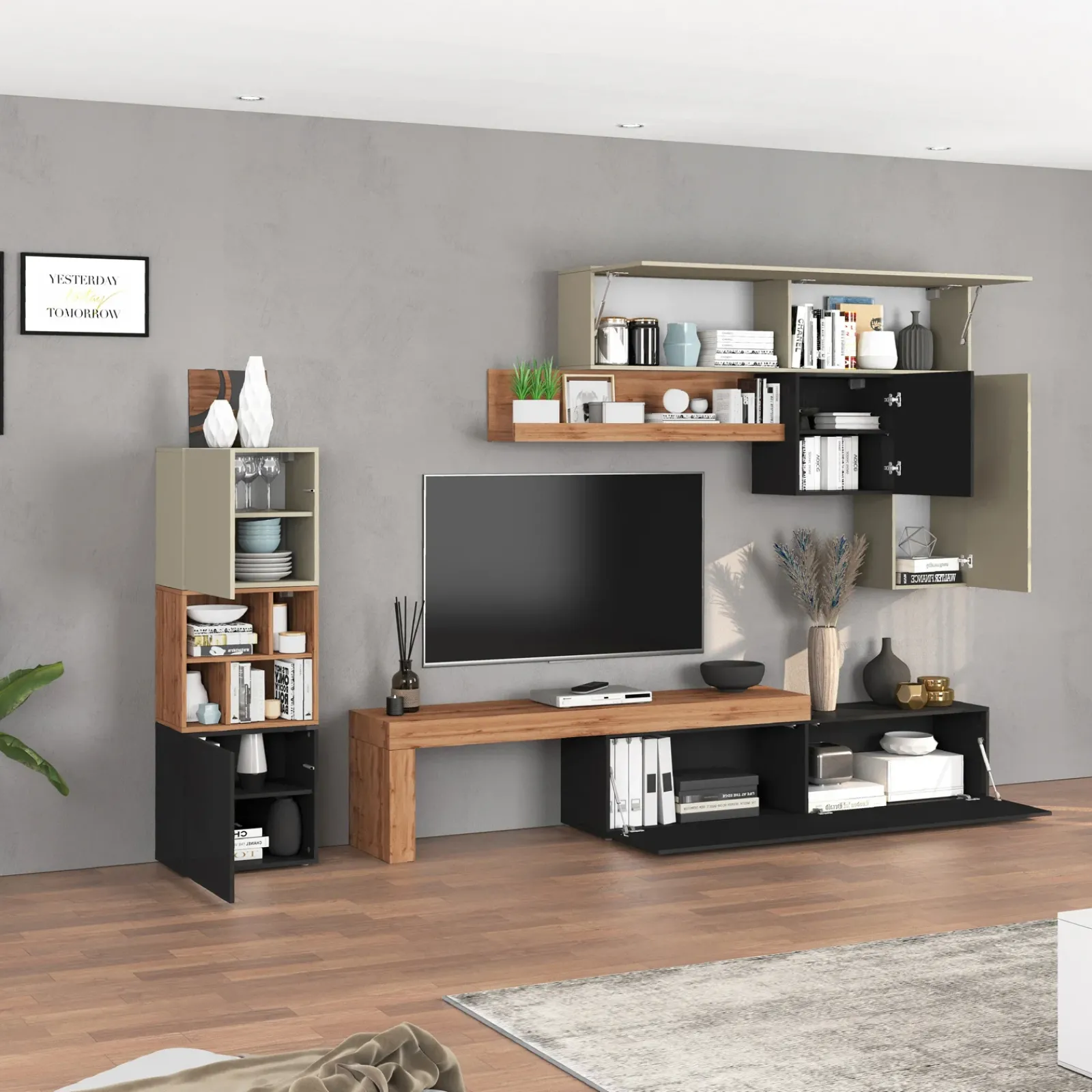 Garnero Arredamenti Parete Attrezzata A Terra|Pareti Attrezzate-Parete attrezzata 350x200h cm antracite tortora rovere Block 1 Tortora - Antracite