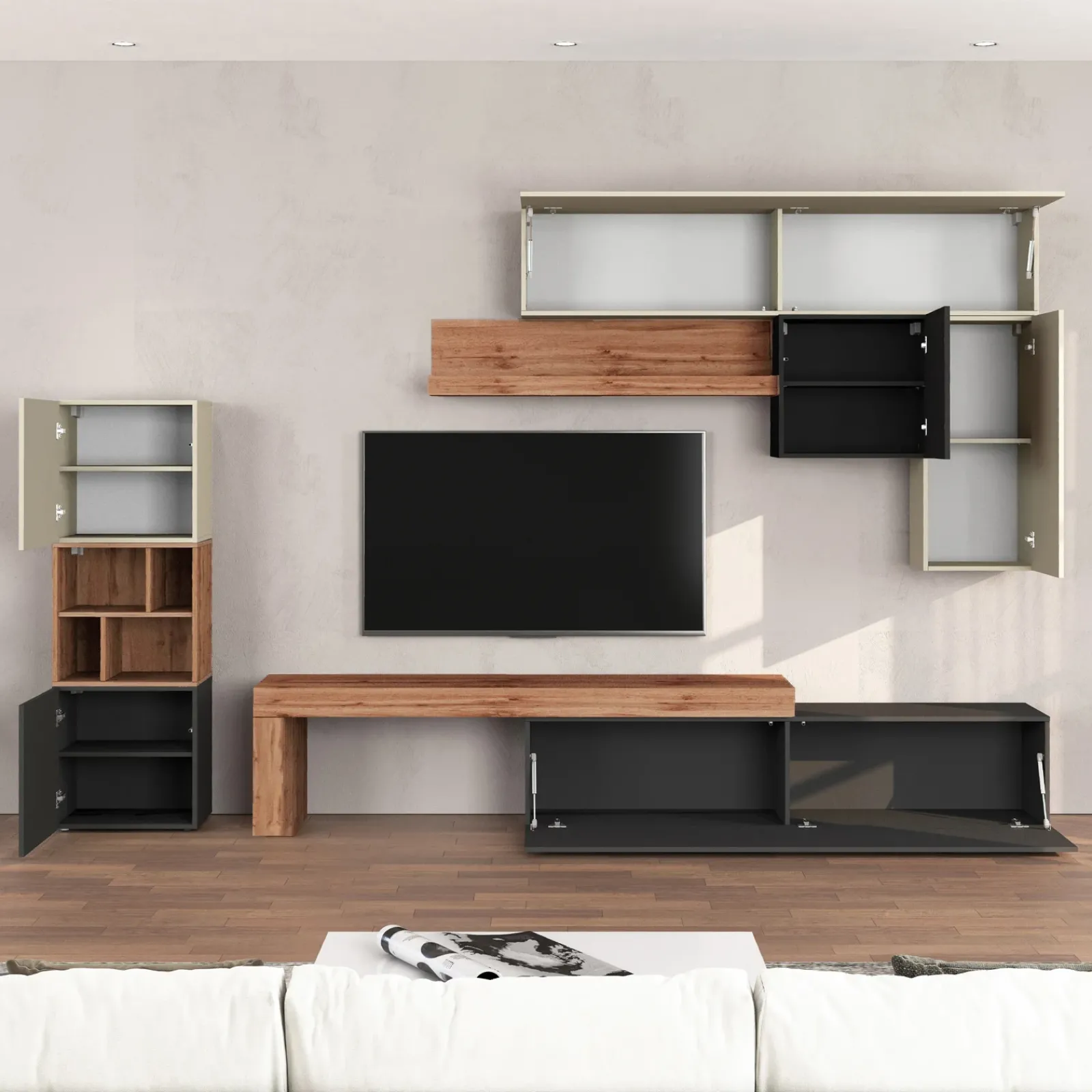 Garnero Arredamenti Parete Attrezzata A Terra|Pareti Attrezzate-Parete attrezzata 350x200h cm antracite tortora rovere Block 1 Tortora - Antracite