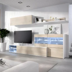 Garnero Arredamenti Parete Attrezzata A Terra|Pareti Attrezzate-Parete attrezzata 260x183h cm angolare reversibile con led rovere bianco lucido Emily