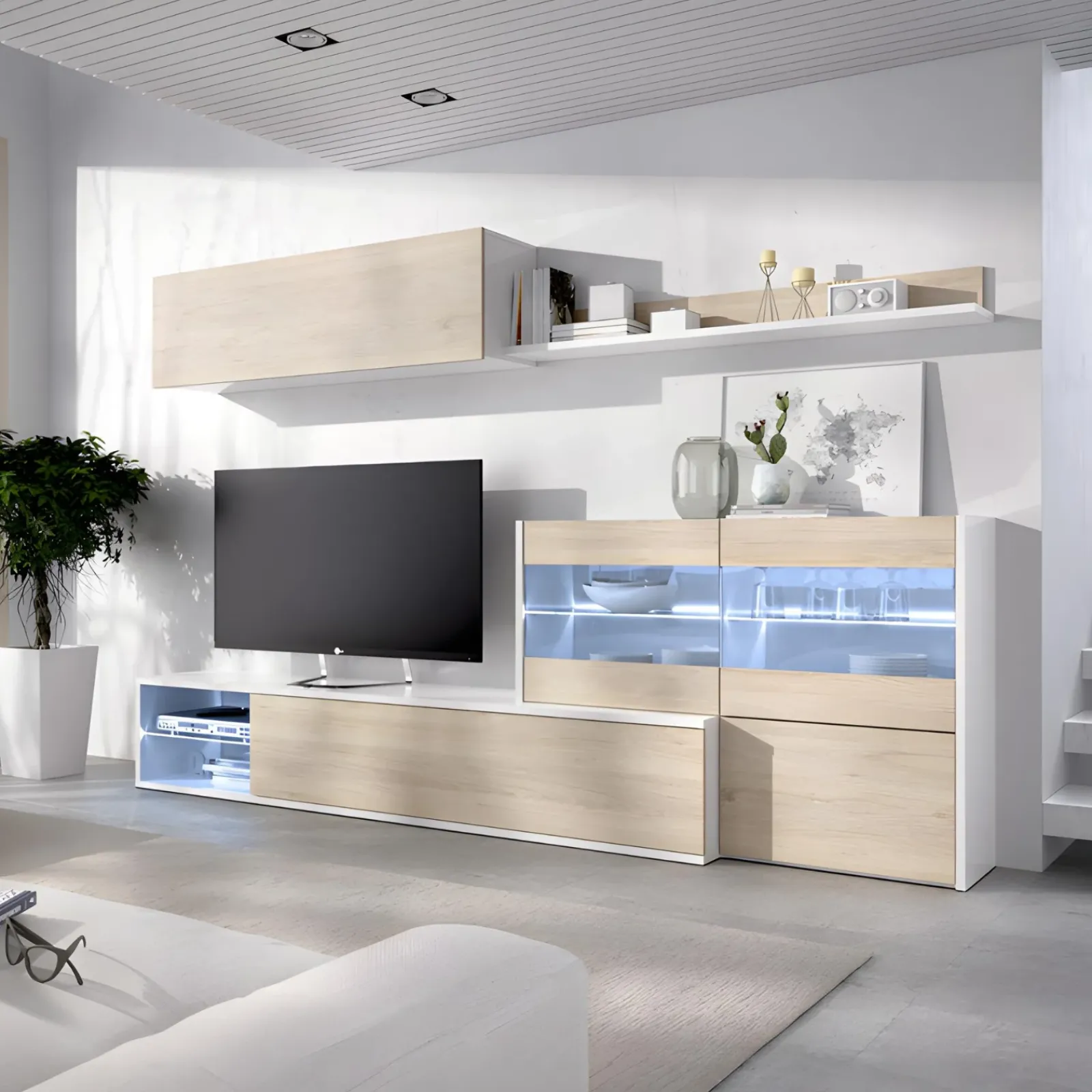 Garnero Arredamenti Parete Attrezzata A Terra|Pareti Attrezzate-Parete attrezzata 260x183h cm angolare reversibile con led rovere bianco lucido Emily