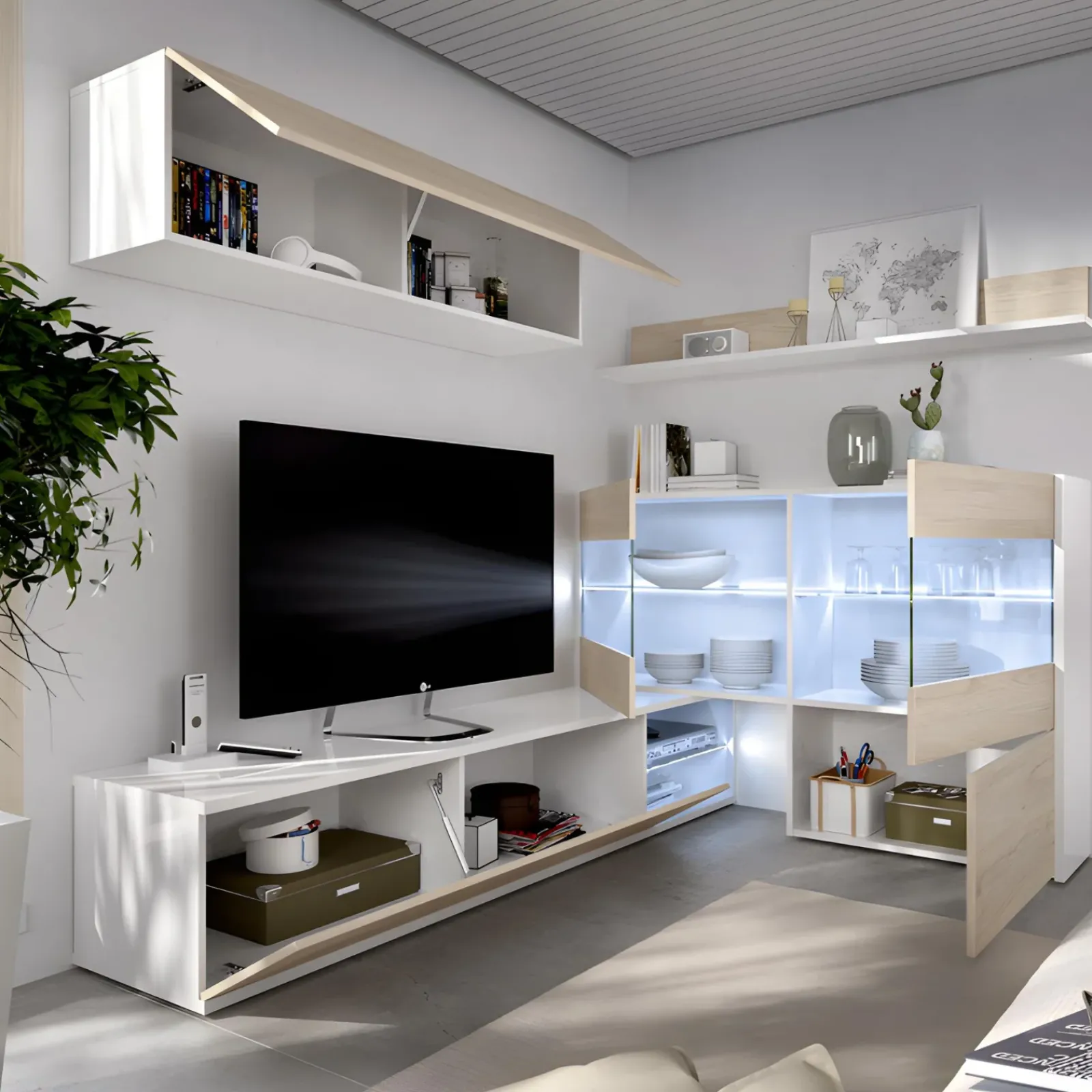 Garnero Arredamenti Parete Attrezzata A Terra|Pareti Attrezzate-Parete attrezzata 260x183h cm angolare reversibile con led rovere bianco lucido Emily