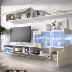 Garnero Arredamenti Parete Attrezzata A Terra|Pareti Attrezzate-Parete attrezzata 260x183h cm angolare reversibile con led rovere bianco lucido Emily