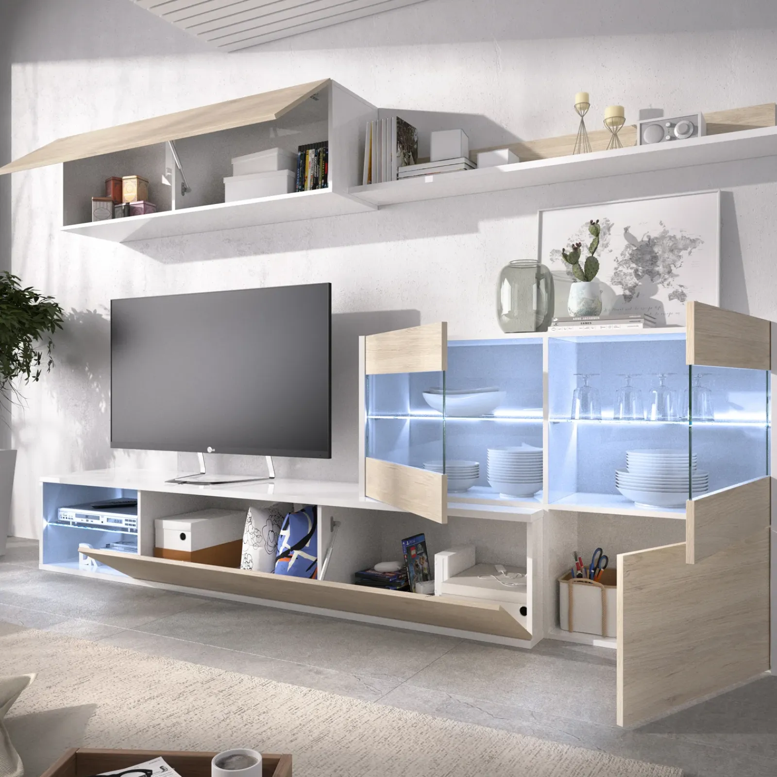 Garnero Arredamenti Parete Attrezzata A Terra|Pareti Attrezzate-Parete attrezzata 260x183h cm angolare reversibile con led rovere bianco lucido Emily