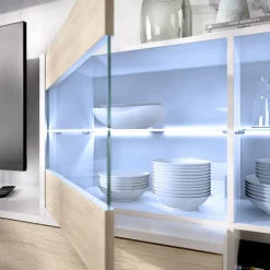 Garnero Arredamenti Parete Attrezzata A Terra|Pareti Attrezzate-Parete attrezzata 260x183h cm angolare reversibile con led rovere bianco lucido Emily