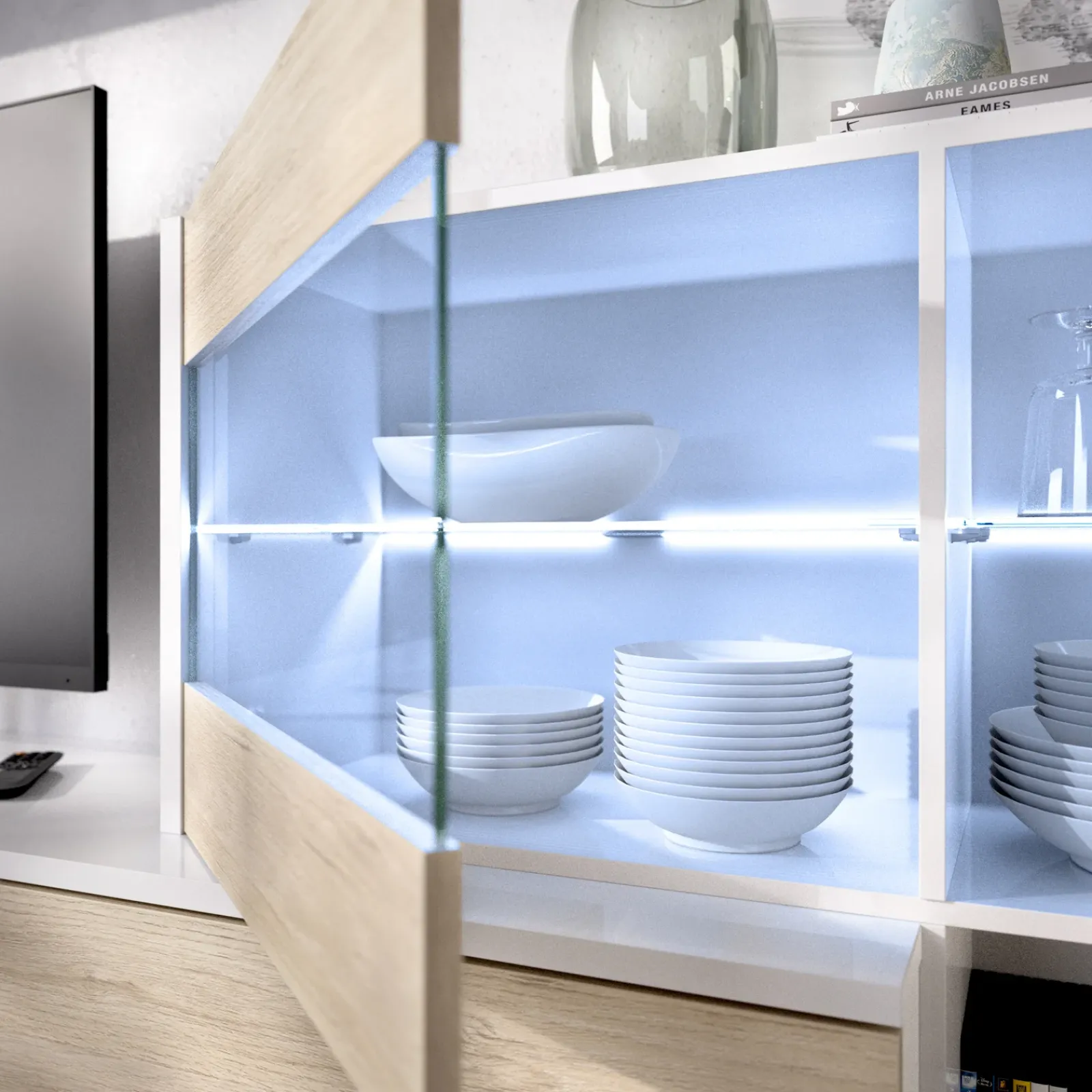 Garnero Arredamenti Parete Attrezzata A Terra|Pareti Attrezzate-Parete attrezzata 260x183h cm angolare reversibile con led rovere bianco lucido Emily