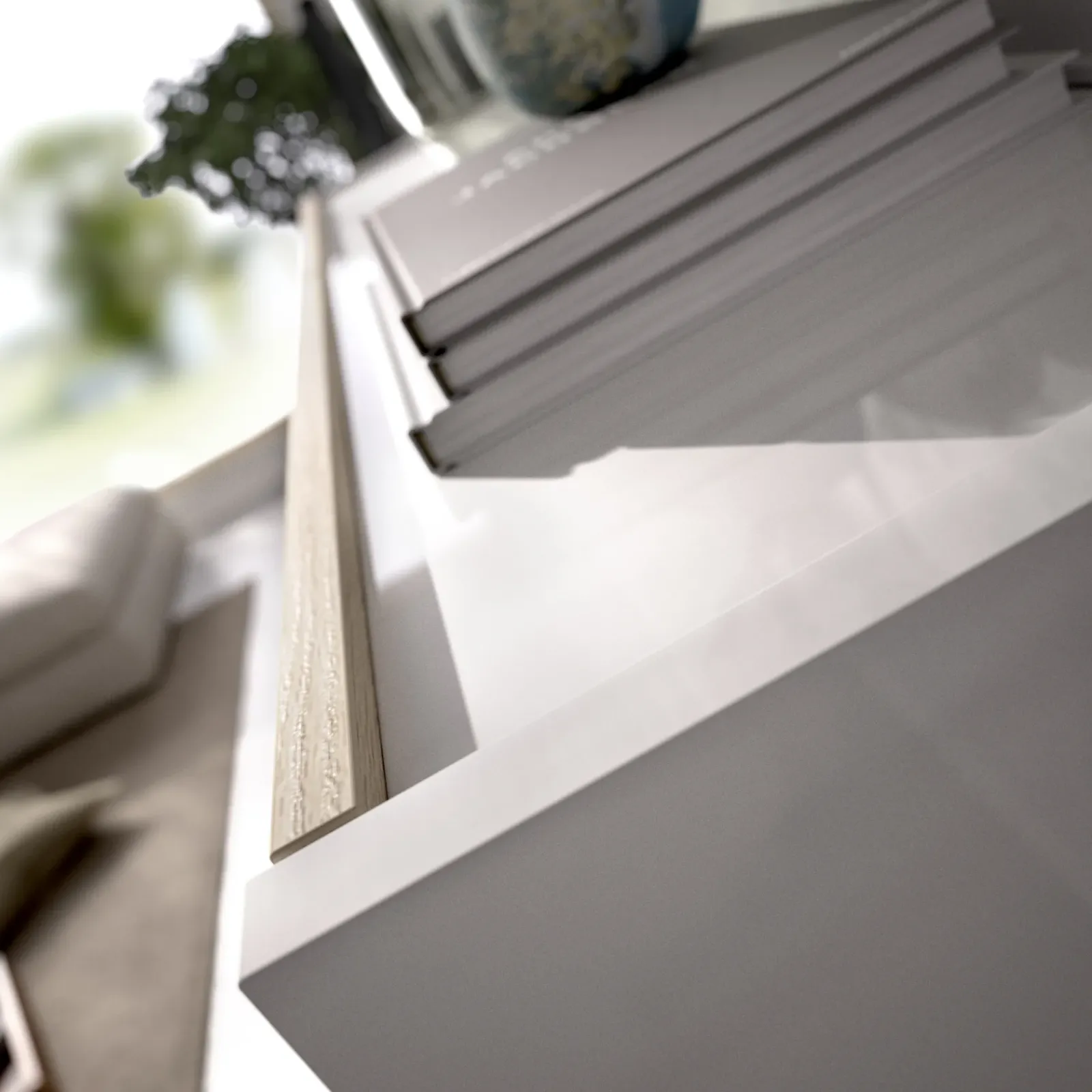 Garnero Arredamenti Parete Attrezzata A Terra|Pareti Attrezzate-Parete attrezzata 260x183h cm angolare reversibile con led rovere bianco lucido Emily