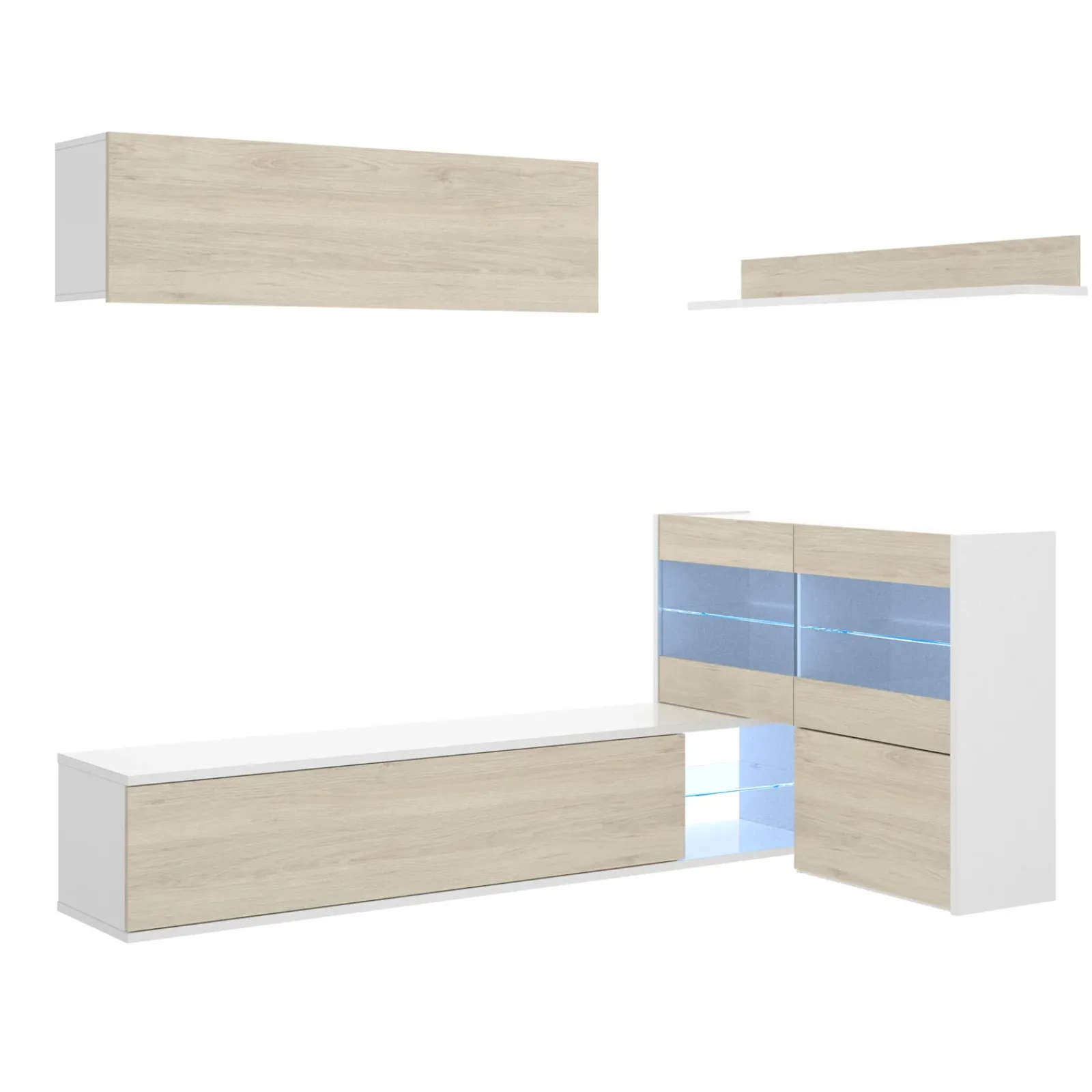 Garnero Arredamenti Parete Attrezzata A Terra|Pareti Attrezzate-Parete attrezzata 260x183h cm angolare reversibile con led rovere bianco lucido Emily