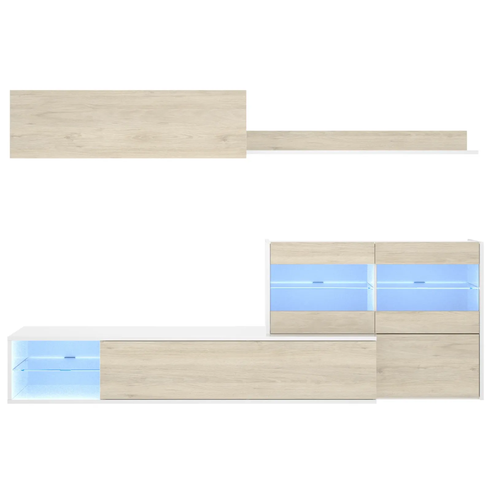 Garnero Arredamenti Parete Attrezzata A Terra|Pareti Attrezzate-Parete attrezzata 260x183h cm angolare reversibile con led rovere bianco lucido Emily