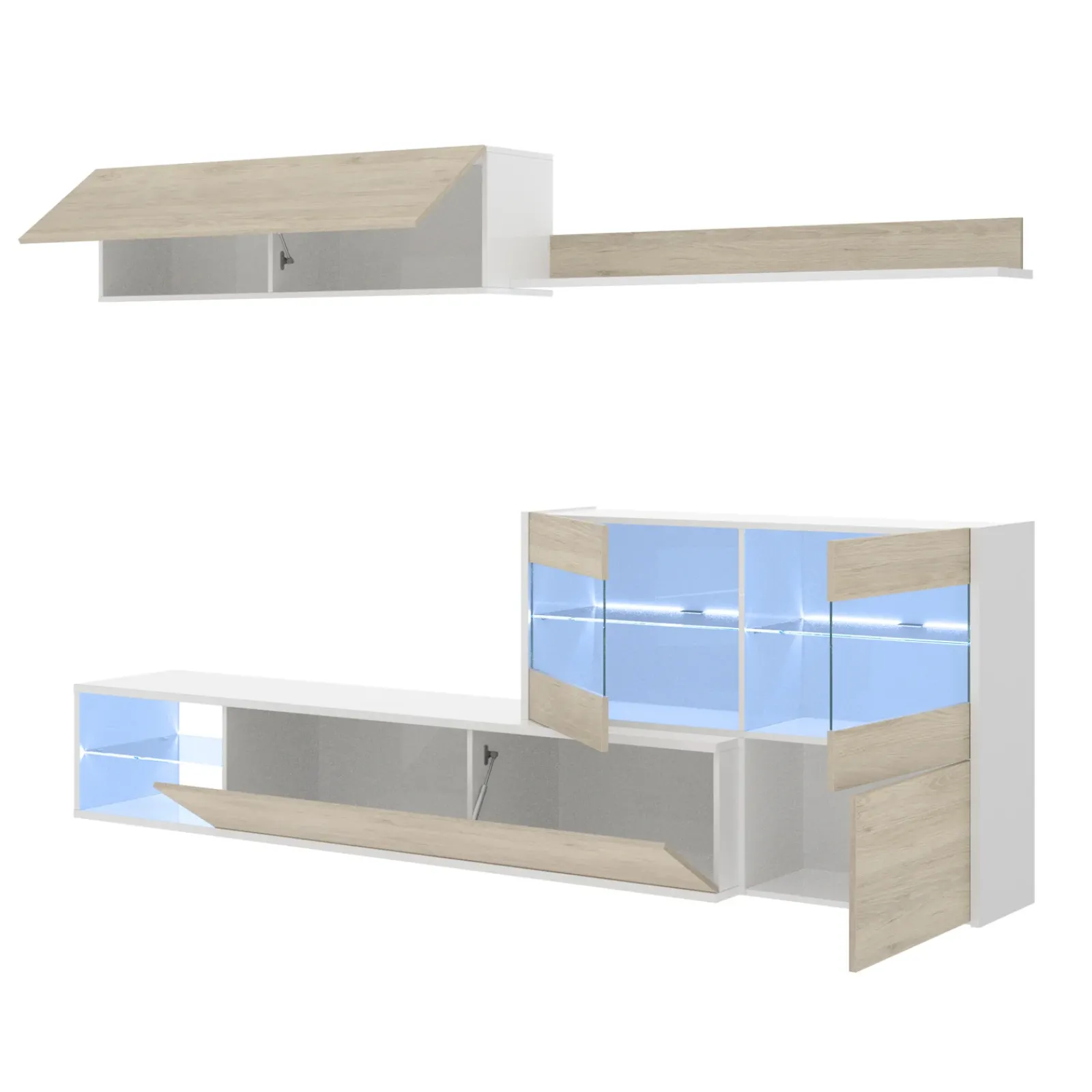 Garnero Arredamenti Parete Attrezzata A Terra|Pareti Attrezzate-Parete attrezzata 260x183h cm angolare reversibile con led rovere bianco lucido Emily