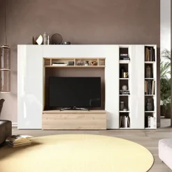 Garnero Arredamenti Parete Attrezzata A Terra|Pareti Attrezzate-Parete attrezzata 305x186h cm bianco lucido rovere chiaro Sunset 36 Rovere - Bianco Lucido