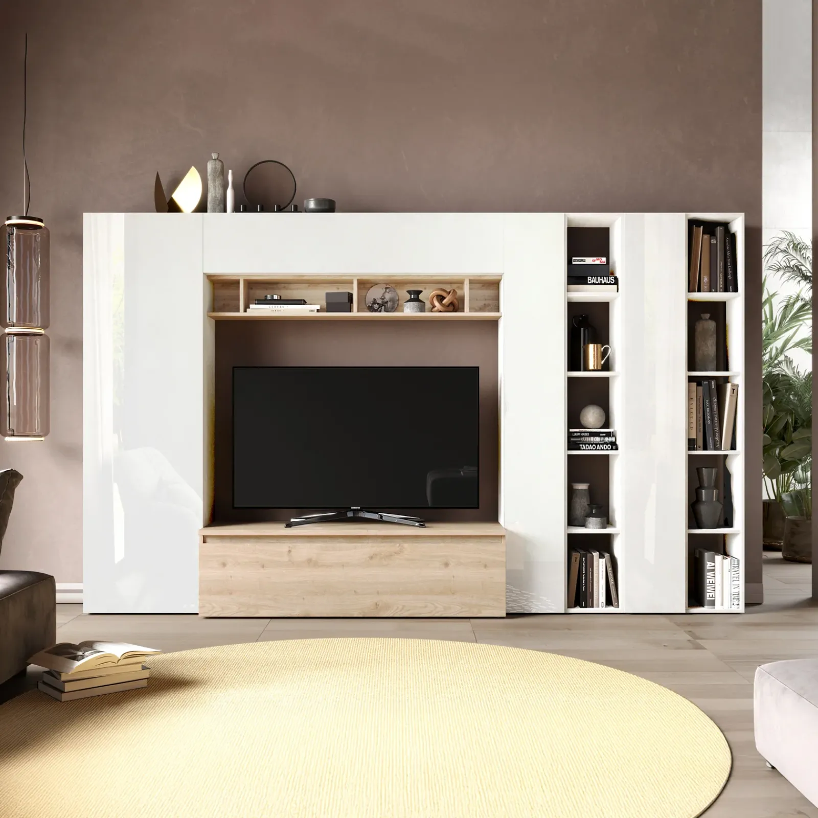 Garnero Arredamenti Parete Attrezzata A Terra|Pareti Attrezzate-Parete attrezzata 305x186h cm bianco lucido rovere chiaro Sunset 36 Rovere - Bianco Lucido