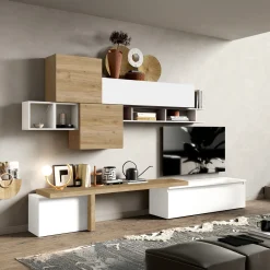 Garnero Arredamenti Parete Attrezzata A Terra|Pareti Attrezzate-Parete attrezzata 330x195h cm bianco lucido rovere chiaro Sunset 28 Rovere - Bianco Lucido