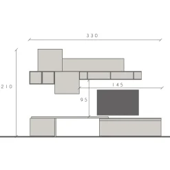 Garnero Arredamenti Parete Attrezzata A Terra|Pareti Attrezzate-Parete attrezzata 330x195h cm bianco lucido rovere chiaro Sunset 28 Rovere - Bianco Lucido