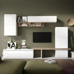 Garnero Arredamenti Parete Attrezzata A Terra|Pareti Attrezzate-Parete attrezzata 320x195h cm bianco lucido rovere chiaro Sunset 19 Rovere - Bianco Lucido