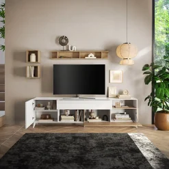 Garnero Arredamenti Parete Attrezzata A Terra|Pareti Attrezzate-Parete attrezzata 241x176h cm bianco lucido rovere chiaro Witty Rovere - Bianco Lucido