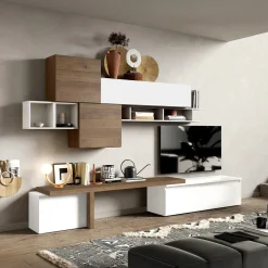 Garnero Arredamenti Parete Attrezzata A Terra|Pareti Attrezzate-Parete attrezzata 330x210h cm bianco lucido rovere scuro Sunset 28 Noce - Bianco Lucido