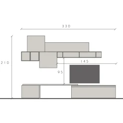 Garnero Arredamenti Parete Attrezzata A Terra|Pareti Attrezzate-Parete attrezzata 330x210h cm bianco lucido rovere scuro Sunset 28 Noce - Bianco Lucido